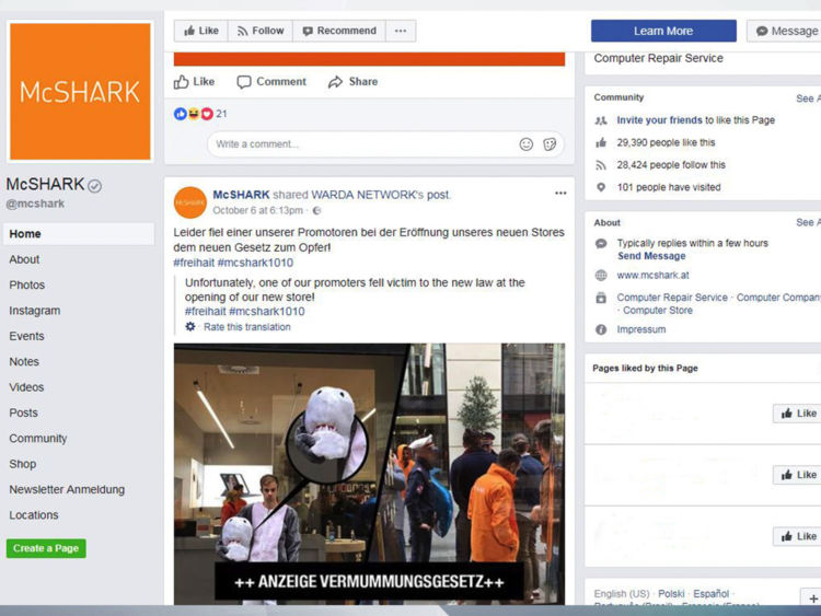  Une page de la page Facebook de McShark montrant l'homme en costume de requin 