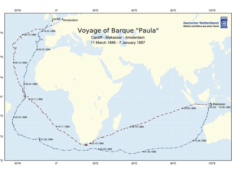  Cette carte montre les points où des bouteilles ont été lancées par Paula dans le but de créer une carte de dérive. Pic: kymillman.com 