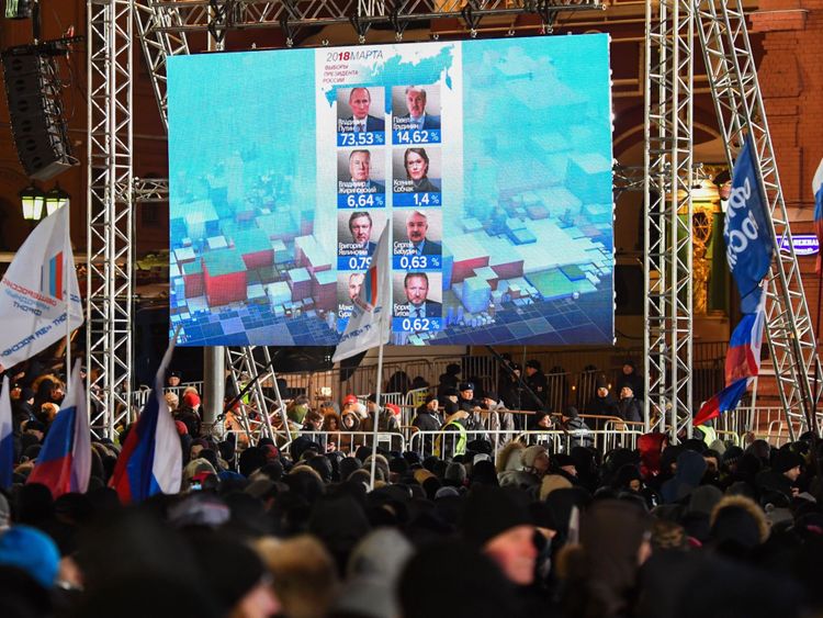  Les foules se rassembleront à Moscou comme un écran montre les résultats préliminaires de l'élection russe 