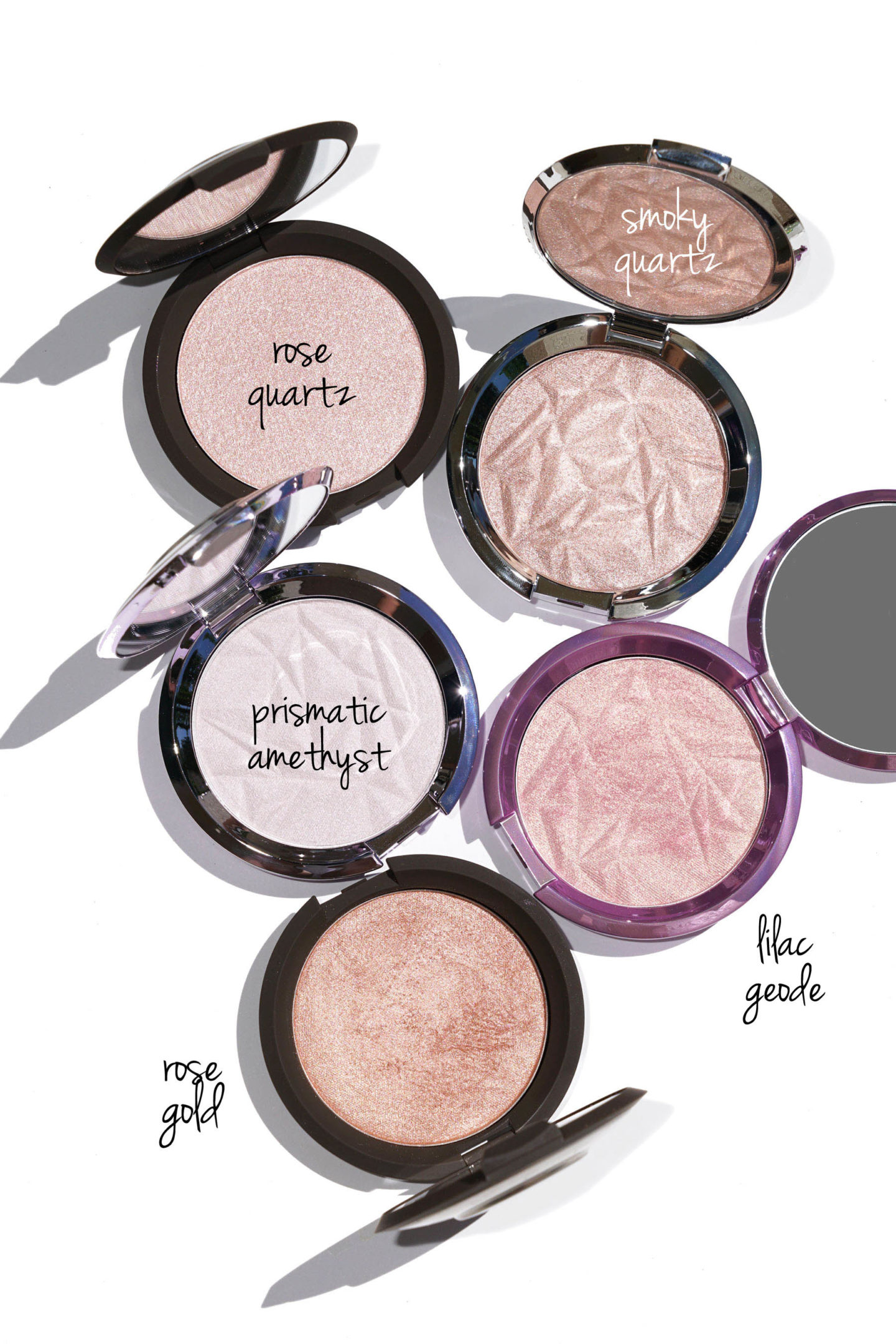  Perfecteur de peau chatoyante Becca Surligneur pressé Quartz Rose, Quartz Fumé, Améthyste Prismatique, Or Rose et Géode Lilas 