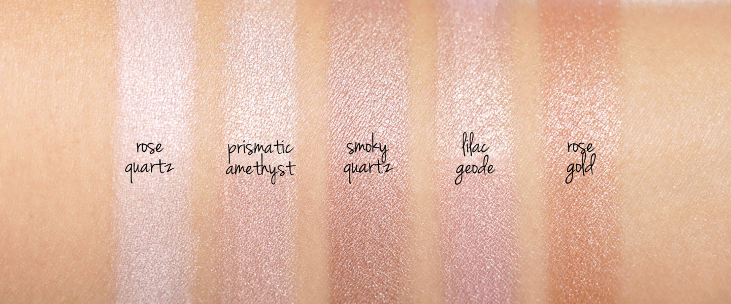  Becca Shimmering Skin Perfector Surligneur pressé Quartz Rose, Quartz Fumé, Améthyste prismatique , Or Rose et Géode Lilac 