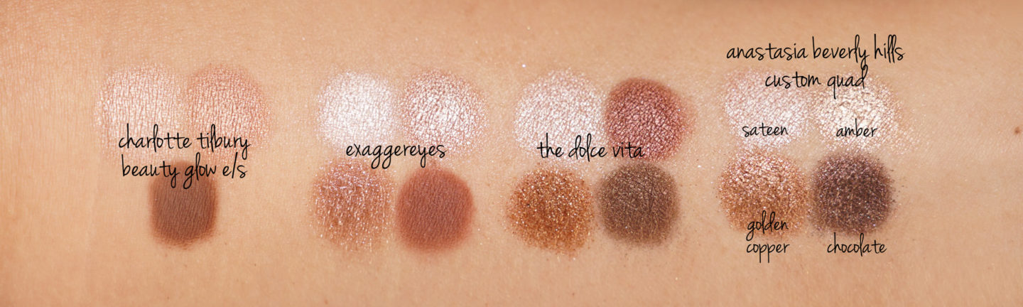  Charlotte Tilbury Beauty Glow, Exaggereyes, La Dolce Vita, Anastasia Satin, Ambre, Cuivre doré et Nuancier 