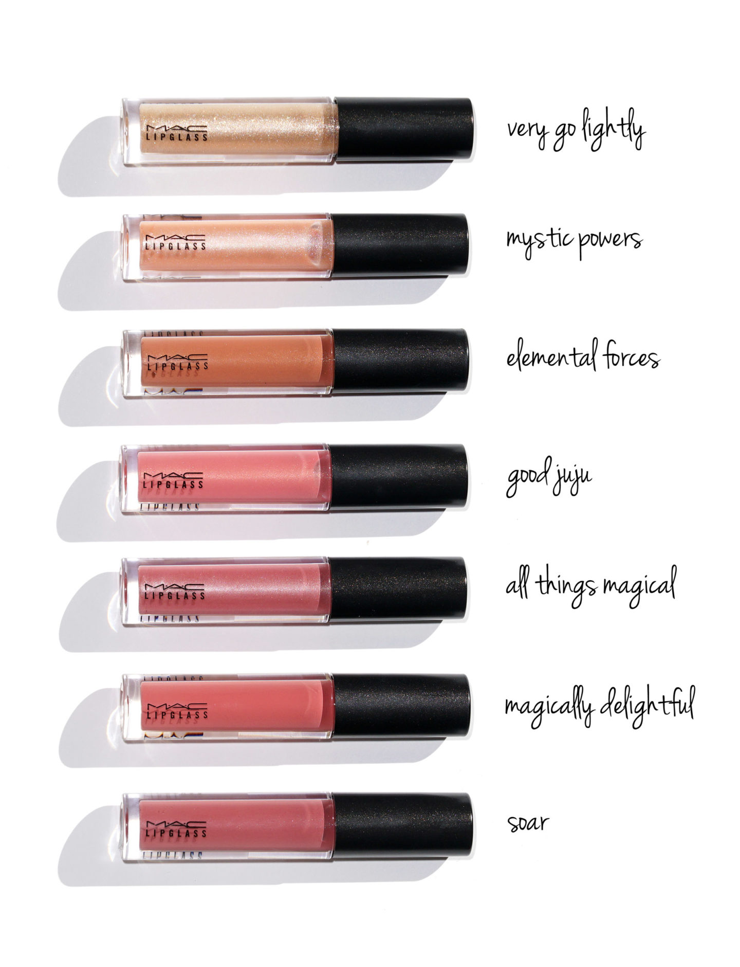 MAC Lipglass Très Léger, Pouvoirs Mystiques, Forces Élémentaires, Bon Juju, Toutes Choses Magiques, Magiquement Délicieuses, Soar 