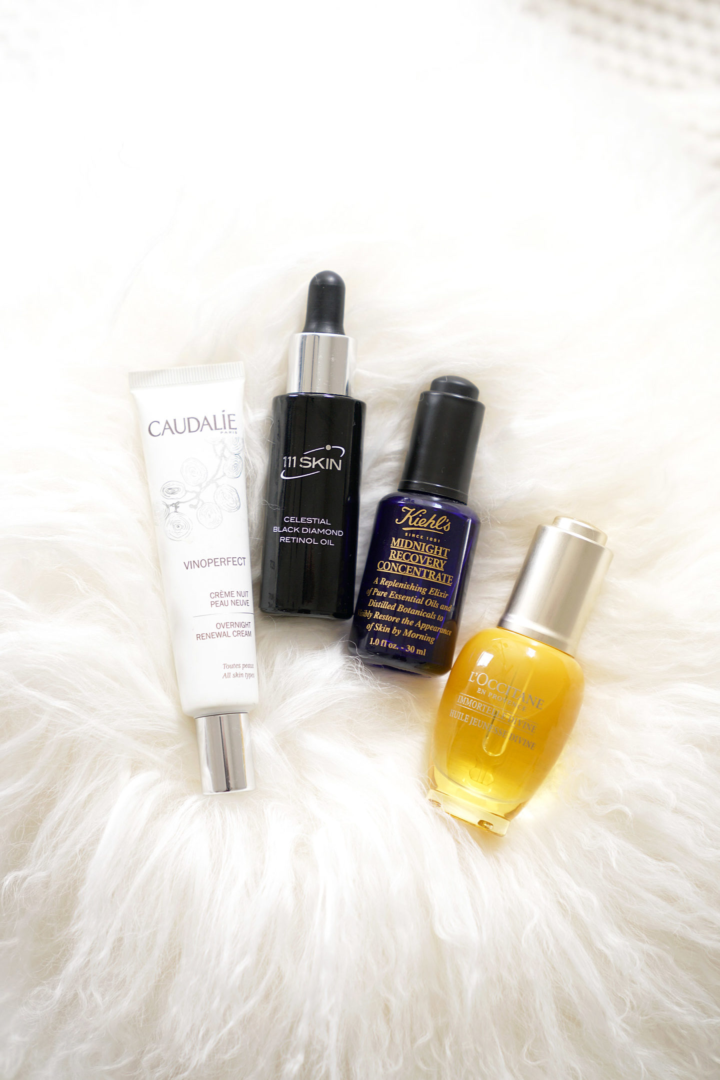  Caudalie Vinoperfect Crème de Nuit Rénovation, 111Skin Celestial Black Diamond Huile de Rétinol, Kiehl's Midnight Recovery Concentrate et L'Occitane Immortelle Huile de jeunesse divine 