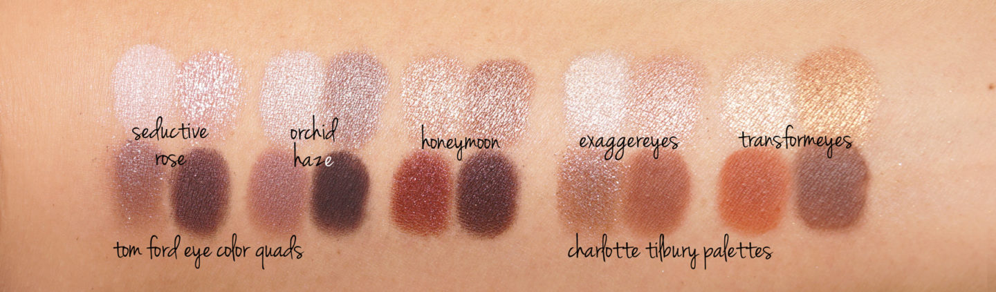  Tom Ford Eyeshadow Quad Orchidée Haze, Rose séduisante, Lune de miel, Charlotte Tilbury Exaggereyes et Transformeyes swatches [19659016] Je n'ai pas eu le temps de photographier toutes les palettes ci-dessous, mais j'ai fait un peu plus de swatch pour comparer. Transformeyes également à côté de la palette de fard à paupières Naked Petite Heat d'Urban Decay (revue <em> ici </em>), Pat McGrath Ambition de bronze (également revue <em> ici </em>): </p>
<p> <img loading=