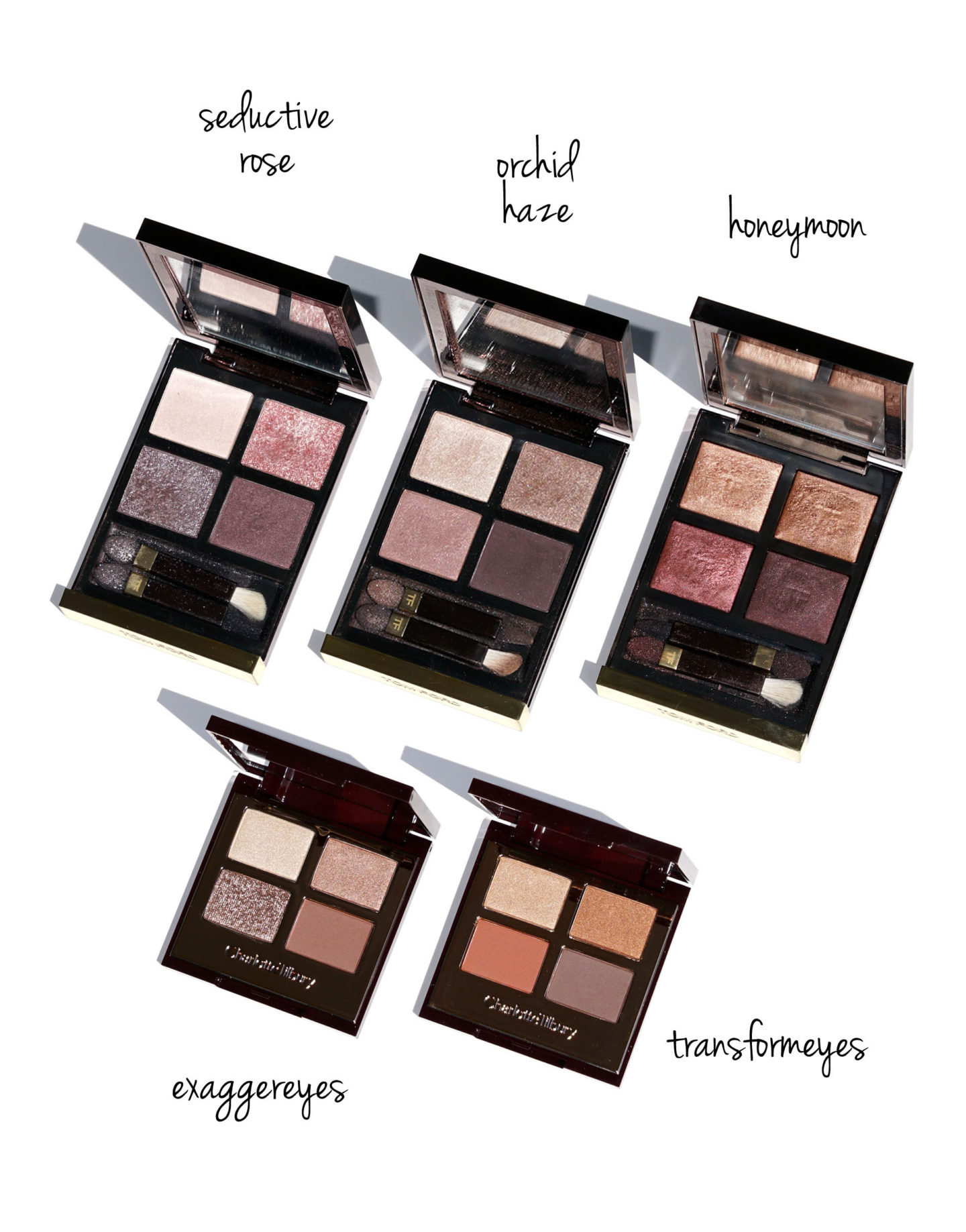  Tom Ford Eyeshadow Quad séduisante Rose, Orchidée Haze, Lune de miel, Charlotte Tilbury Exaggereyes et Transformeyes 