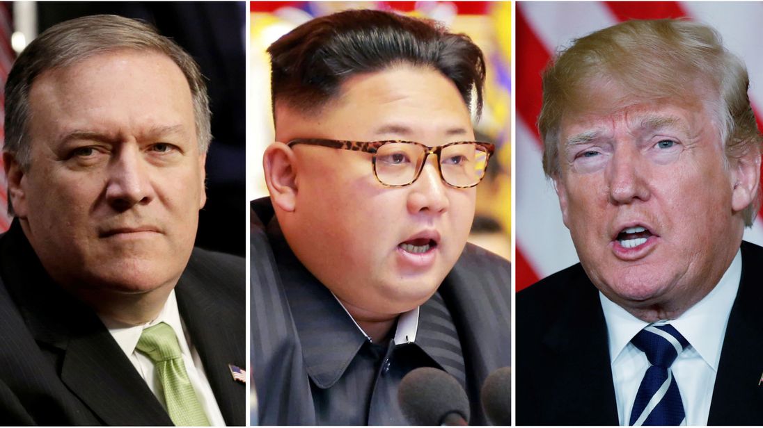  Mike Pompeo (L), directeur de la CIA, Kim Jong Un (C), chef de la Corée du Nord et Donald Trump (R) 