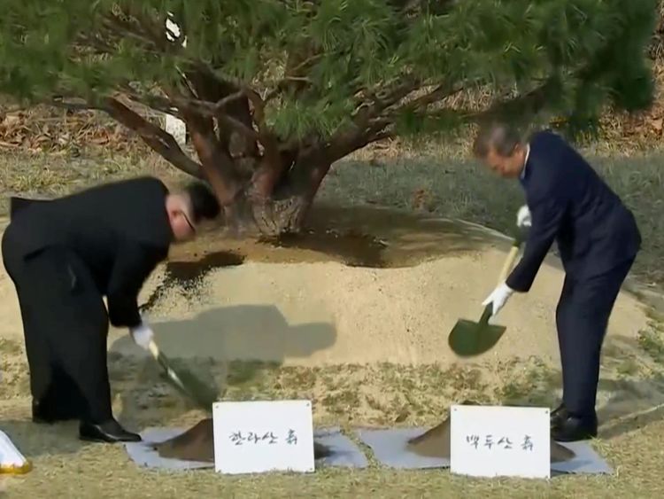  Le président sud-coréen Moon Jae-in et le dirigeant nord-coréen Kim Jong Un assistent à la cérémonie de plantation d'arbres 