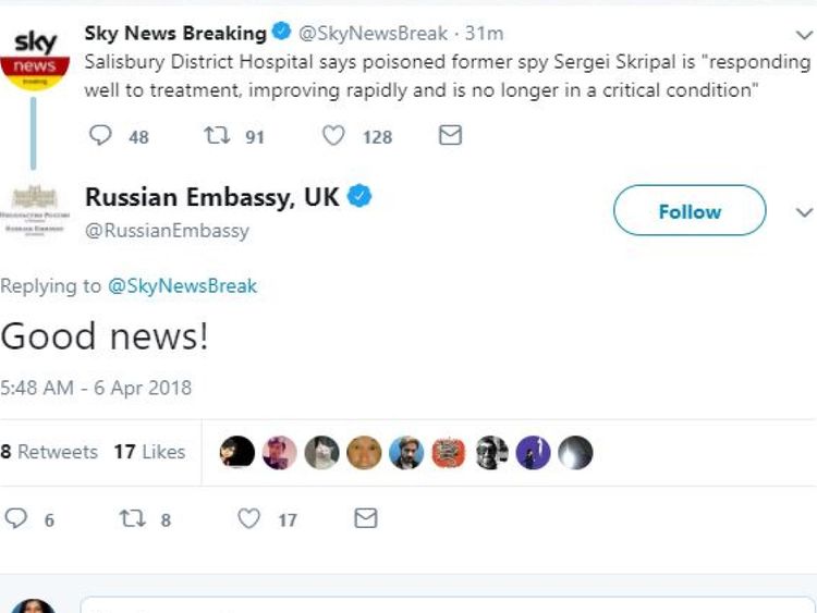  L'ambassade de Russie au Royaume-Uni répond à Sky News & # 39; tweet cassé les nouvelles de la récupération de Sergei Skripal 