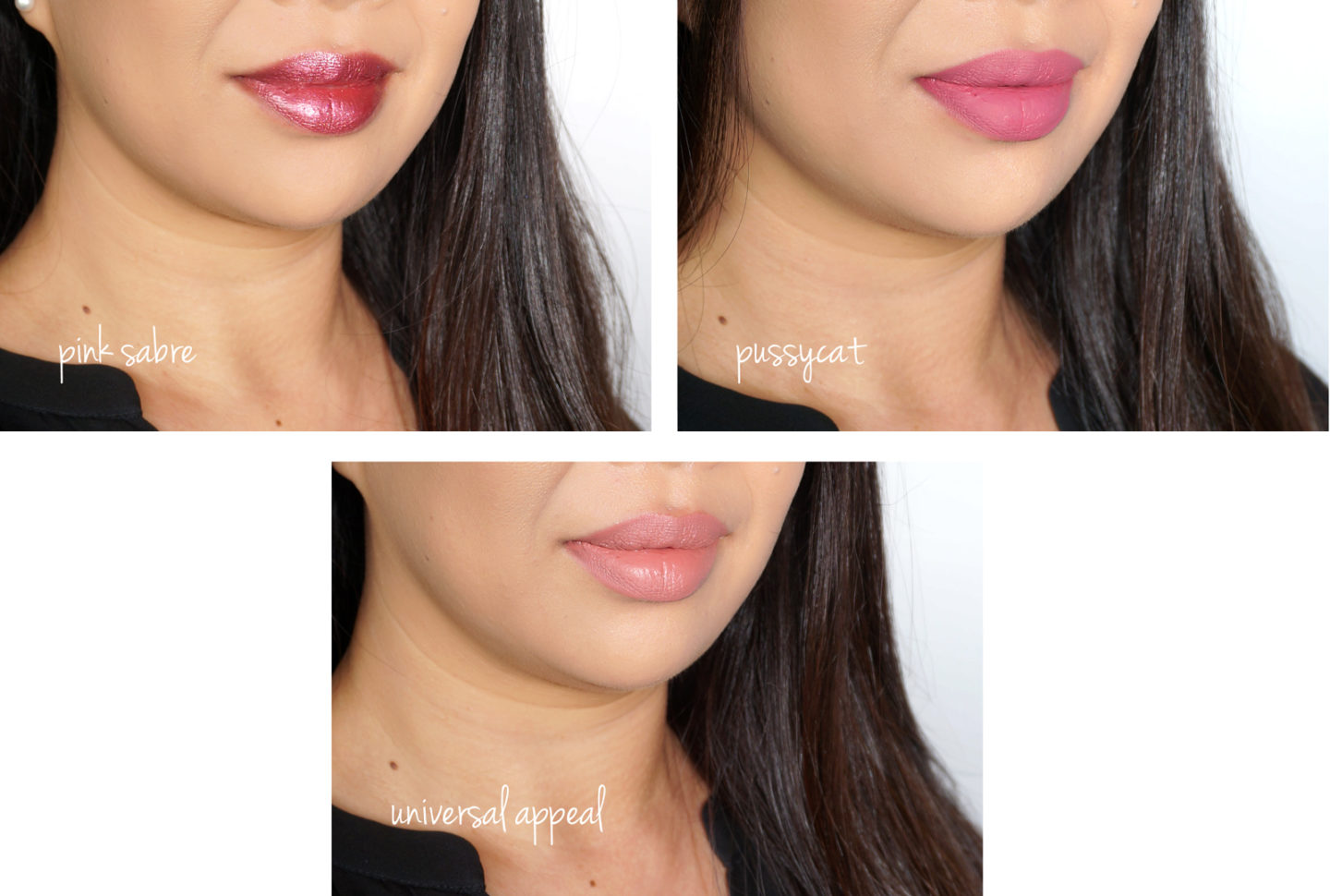  Tom Ford Lip Laquer Pink Saber, Universal Appeal et Pussycat swatches 