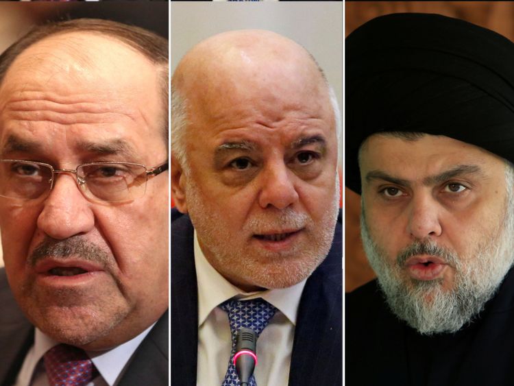  Le Premier ministre Haider al-Abadi (au centre) est confronté à la concurrence du prédécesseur Nouri al -Maliki et le clerc Muqtada al-Sadr 