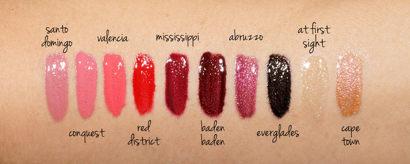 Le livre de beauté Look | Revue et nuances de vernis à lèvres en vinyle NARS, Santo Domingo, Conquête, Valence, District rouge, Mississippi, Baden Baden, Abruzzes, Première vue, Everglades et Cape Town