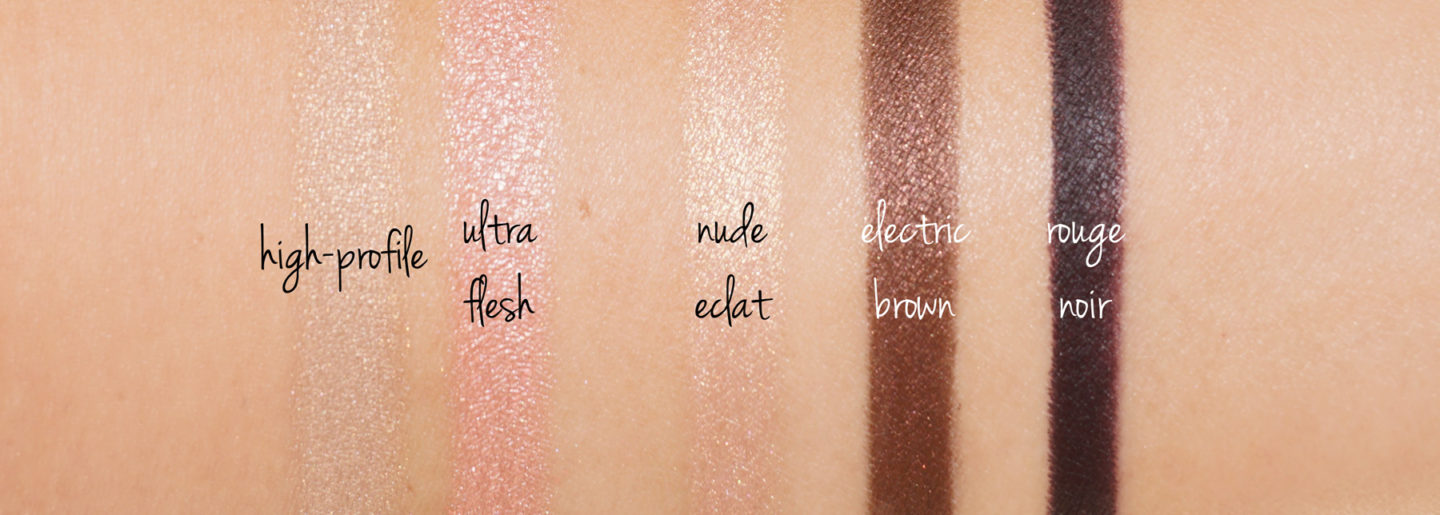 Maquillage pour les yeux Chanel Swatches High-Profile, Ultra Flesh, Nu Eclat, Brun électrique et Rouge Noir