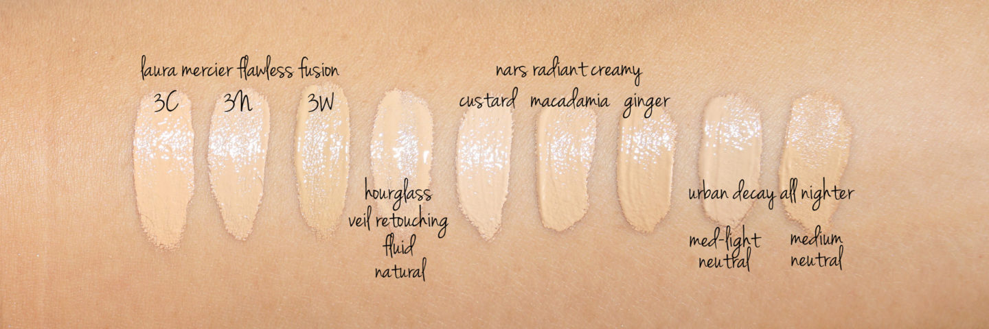 Liquide de retouche de voile de sablier dans normal contre la correcteur de fusion de Laura Mercier Flawless, correcteur crémeux rayonnant de NARS, désintégration urbaine toute la nuit