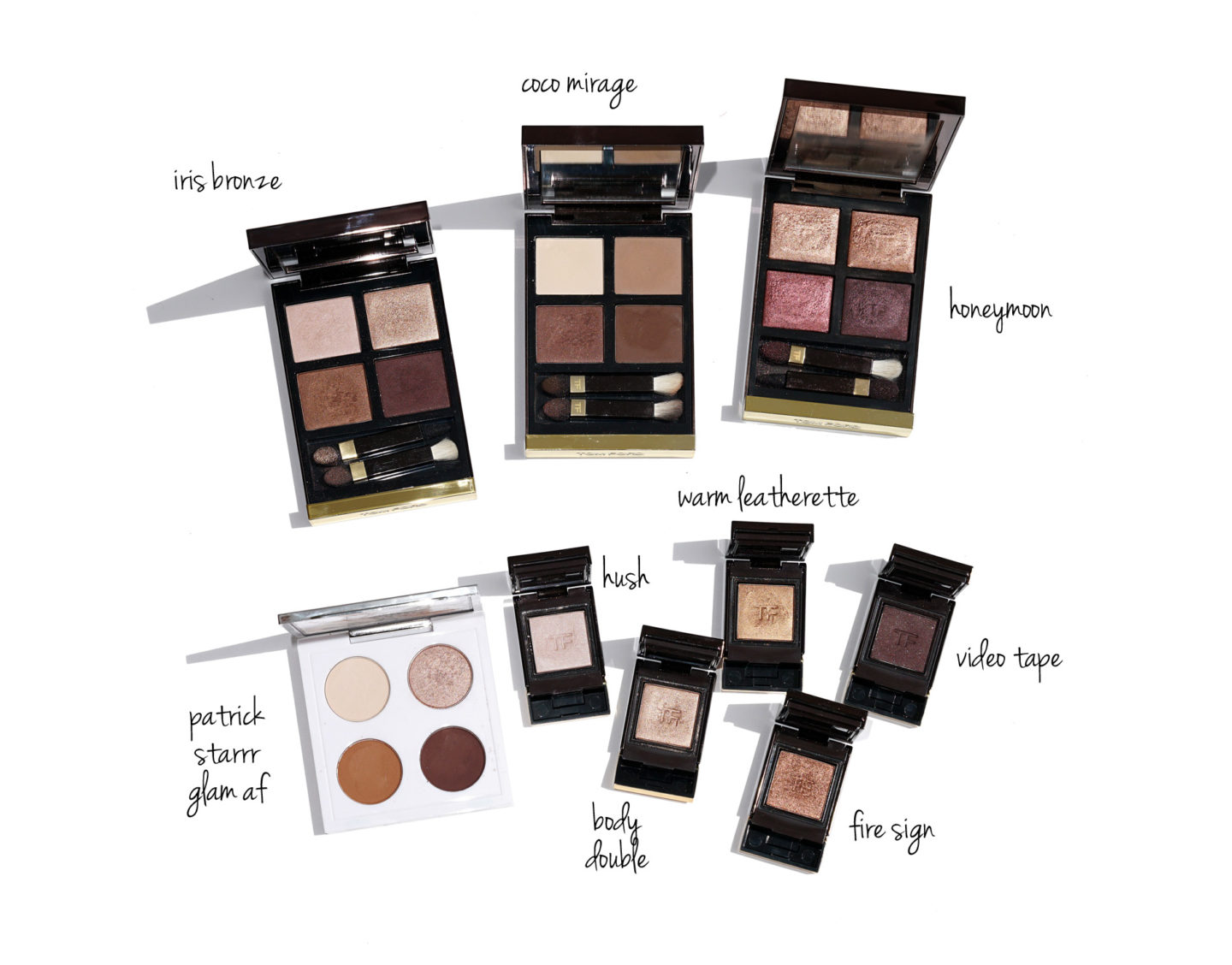 Tom Ford Iris Bronze, Cocoa Mirage, Lune de miel, Comparaison d'échantillons de Shadow Privé