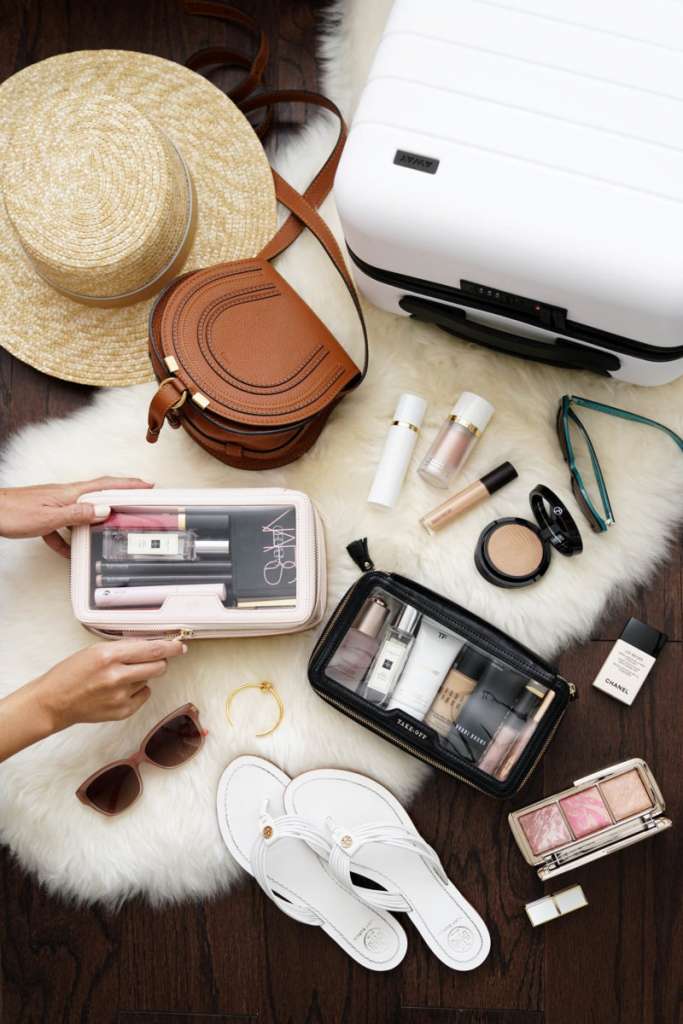 Le cas cosmétique transparent édité par quotidien contre l'affaire cosmétique d'Inya Hindmarch Inflight
