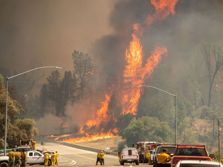 Les flammes dominent les pompiers pendant le feu de Carr près de Whiskeytown
