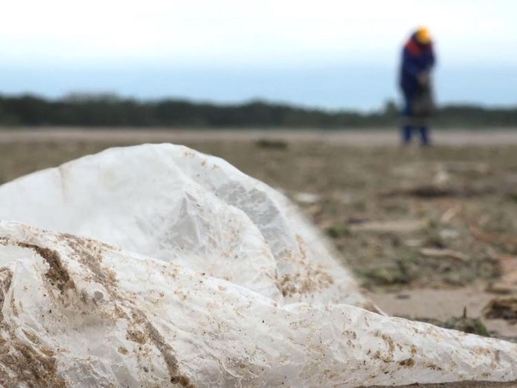 Les travailleurs du Conseil nettoient les débris de plastique que la marée a déposés à terre à Sestroretsk