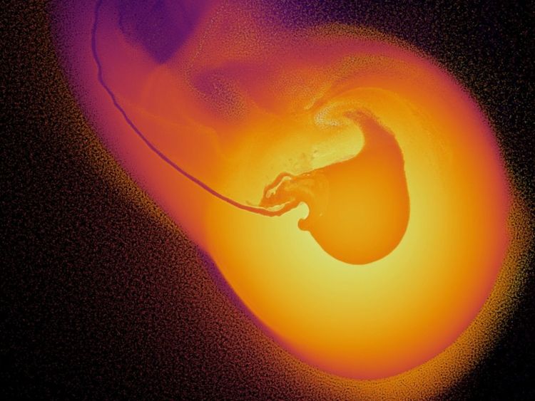 La collision avec Uranus d'un objet massif de deux fois la taille de la Terre qui a causé le spin inhabituel de la planète, à partir d'une simulation à haute résolution utilisant plus de dix millions de particules colorées par leur énergie interne. Crédit: Jacob Kegerreis / Université de Durham