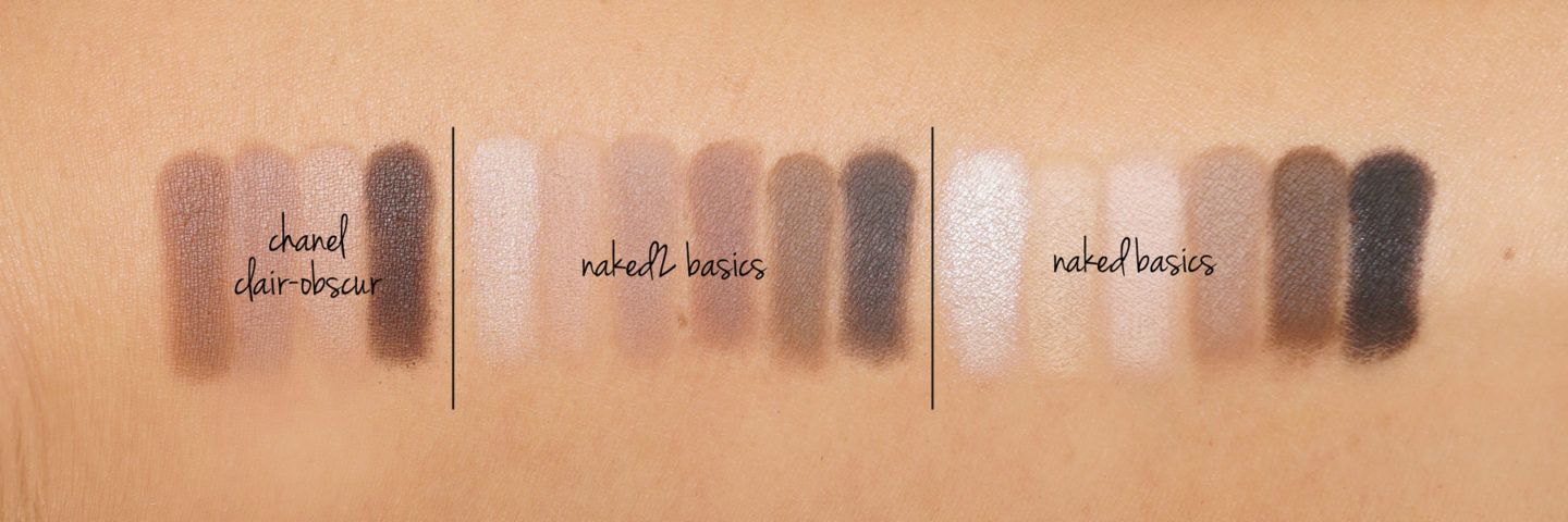 Chanel Clair Obscur vs Urban Decay Naked2 Basics et nuances Basics Nu | Le livre de beauté