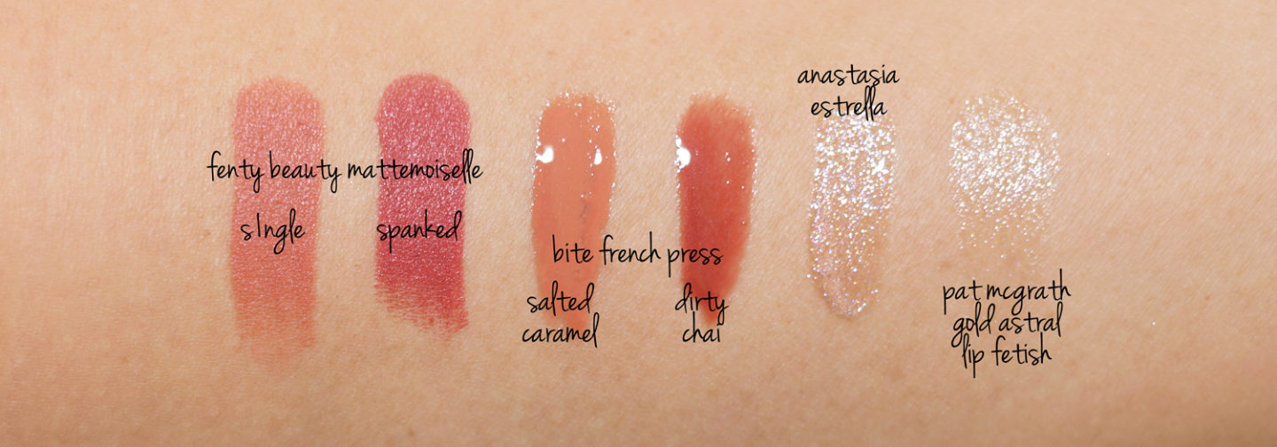 Swatches Fenty S1ngle, Fessée, Caramel au Bite Salé et Dirty Chai, Anastasia Estrella et Pat McGrath Or Astral