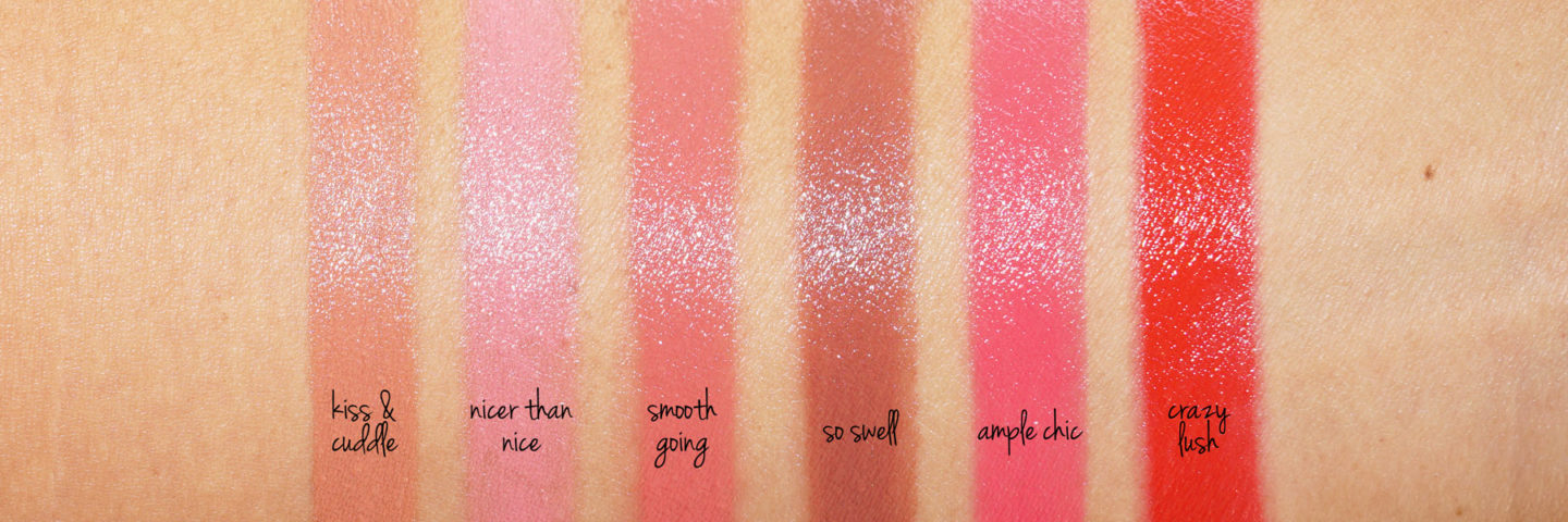 MAC Beaucoup de rouge à lèvres repulpant Pout Baiser et câliner, plus agréable que Nice, lisse aller, donc Swell, Ample Chic, Crazy Lush et Lip Gloss Review | Le livre de beauté