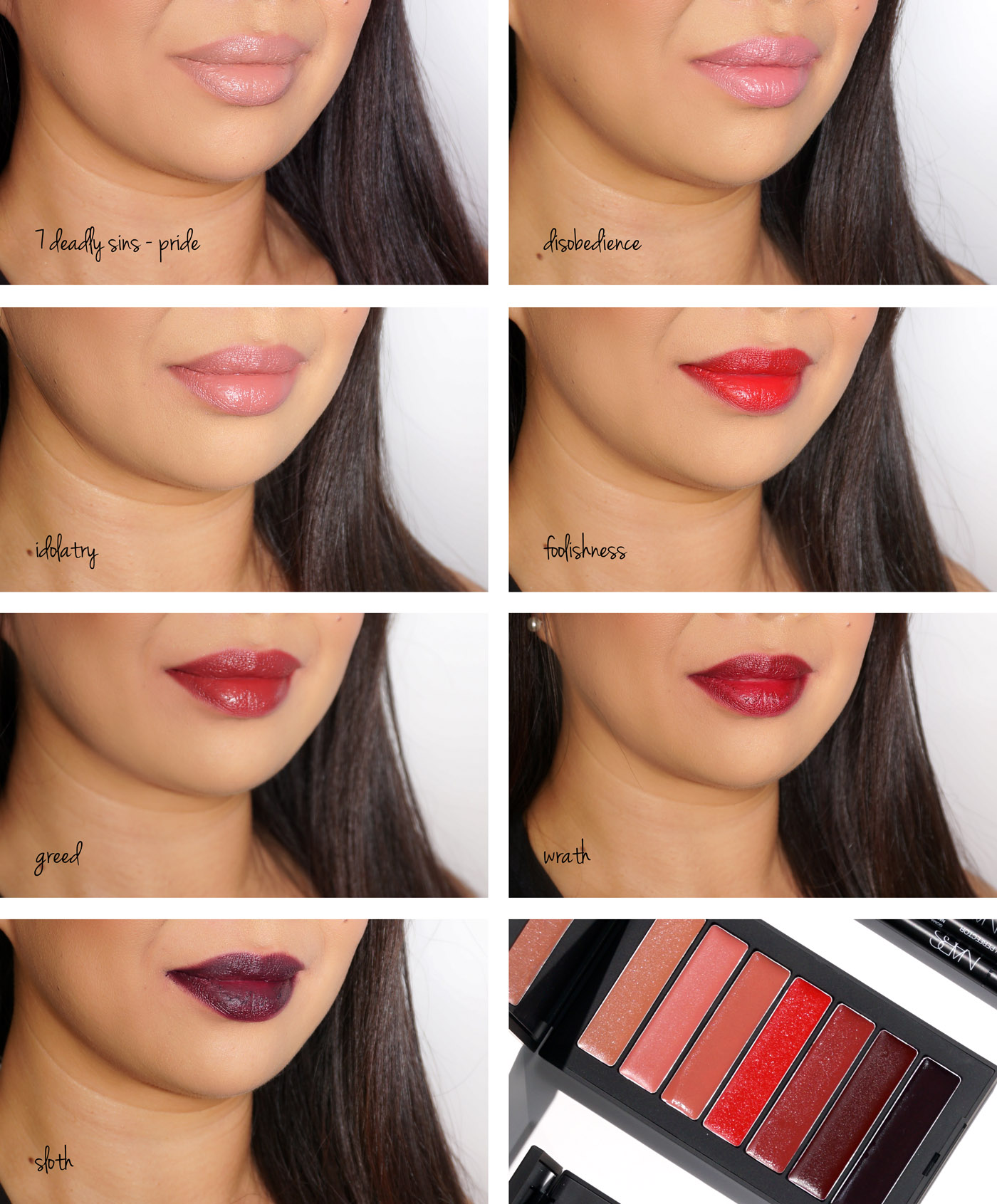 NARS 7 Deadly Sins Palette de rouge à lèvres Audacious Swatches | Le livre de beauté