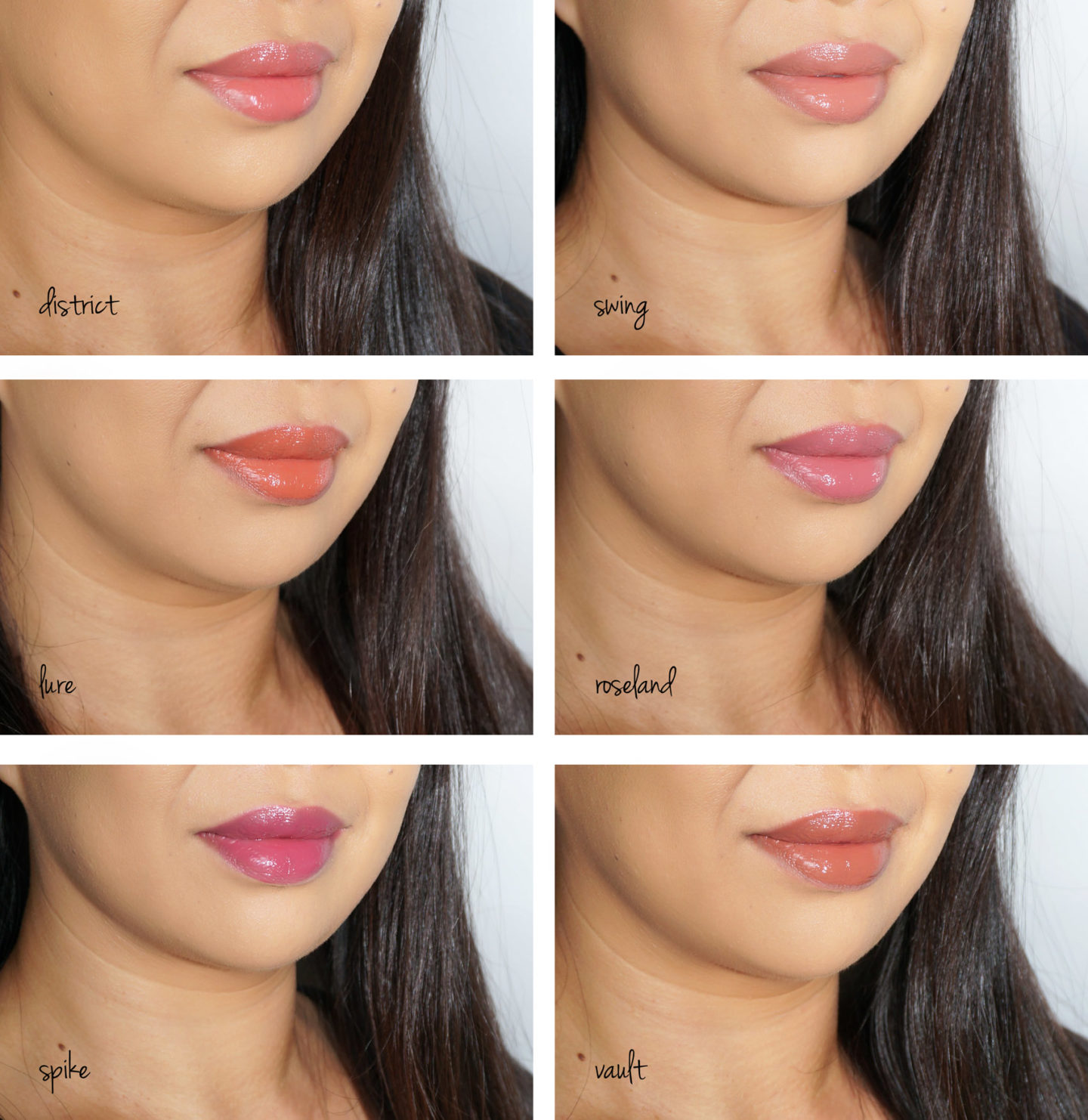 NARS Ulta Velvet Lip Glide Swatches District, Balançoire, Lure, Roseland, Spike, Vault