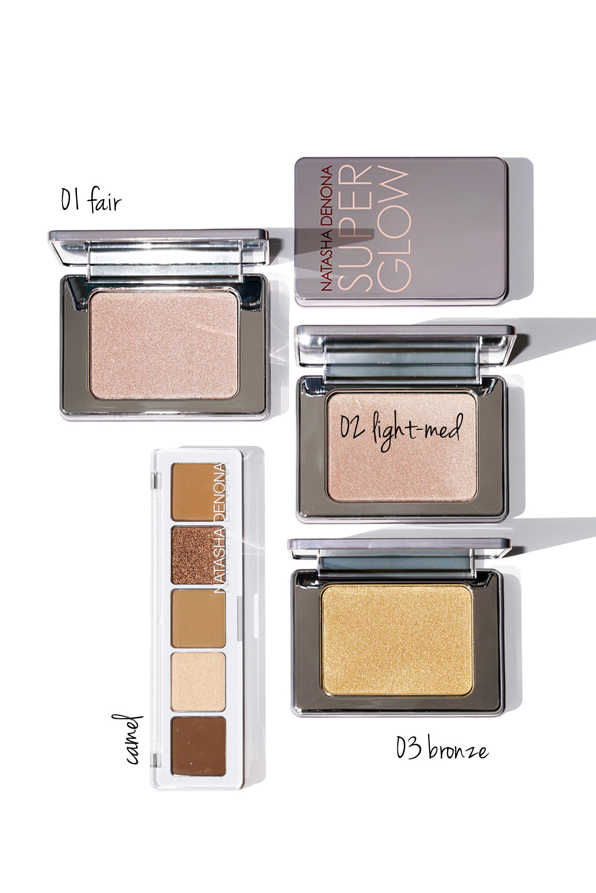 Revue et nuancier de Natasha Denona Super Glow Highlighting Powder et Camel Eyeshadow Palette