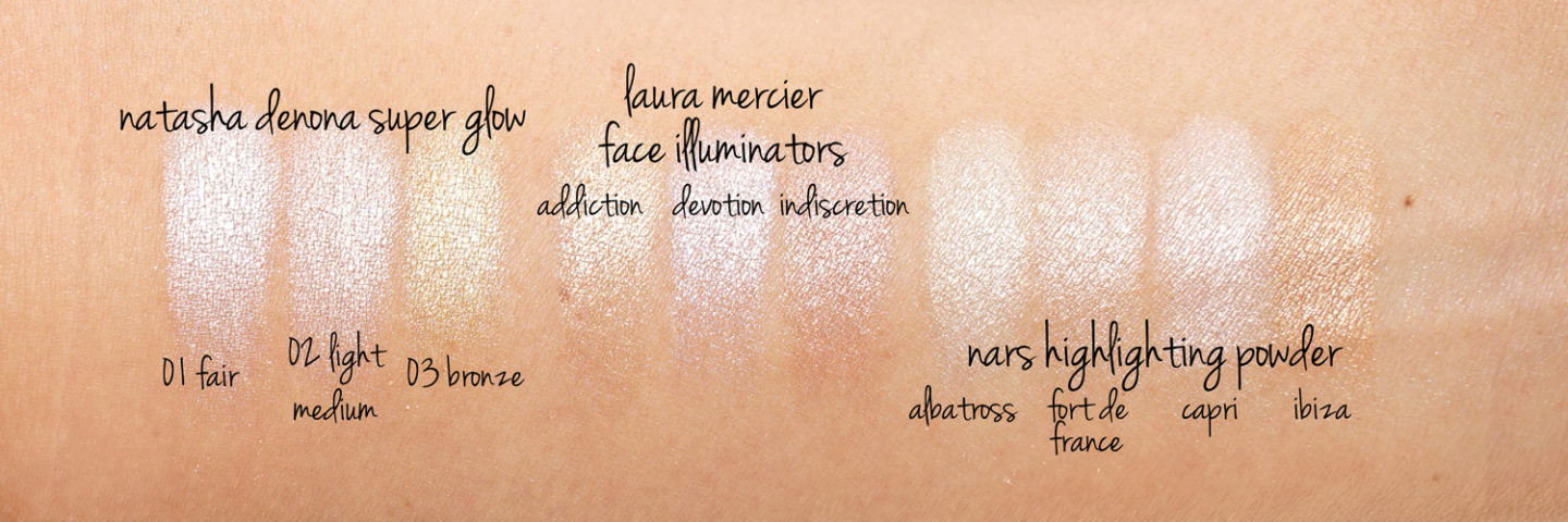Natasha Denona Super Glow vs Illuminateur de visage Laura Mercier et échantillons de poudre en surbrillance NARS
