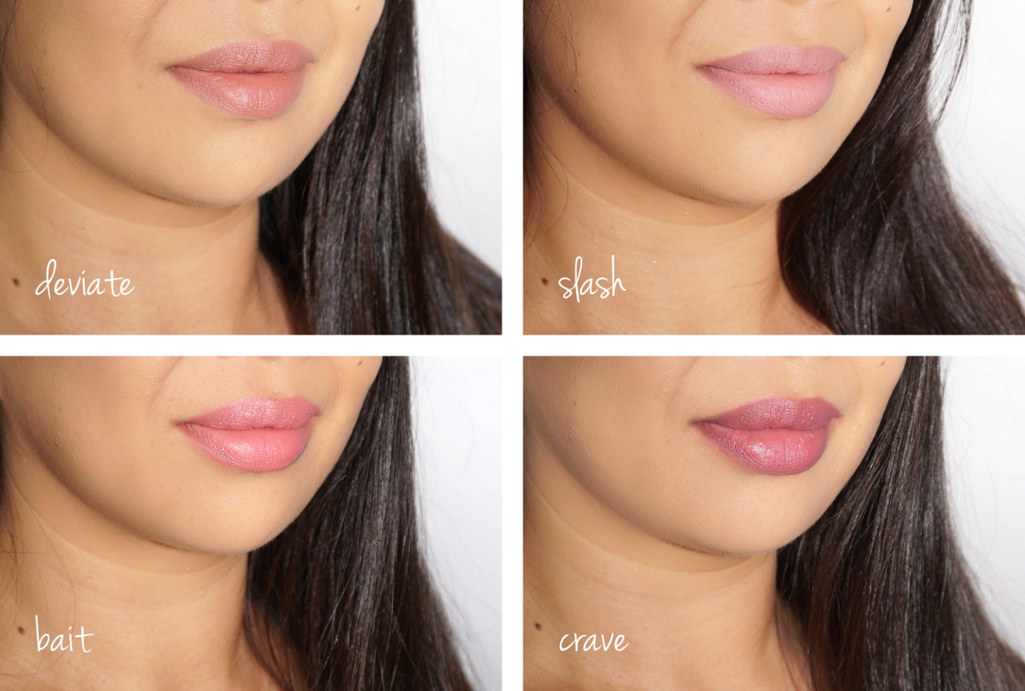Tom Ford Lip Sculptor Swatches dévie, Slash, Bait et Crave Swatches sur les lèvres | Le livre de beauté