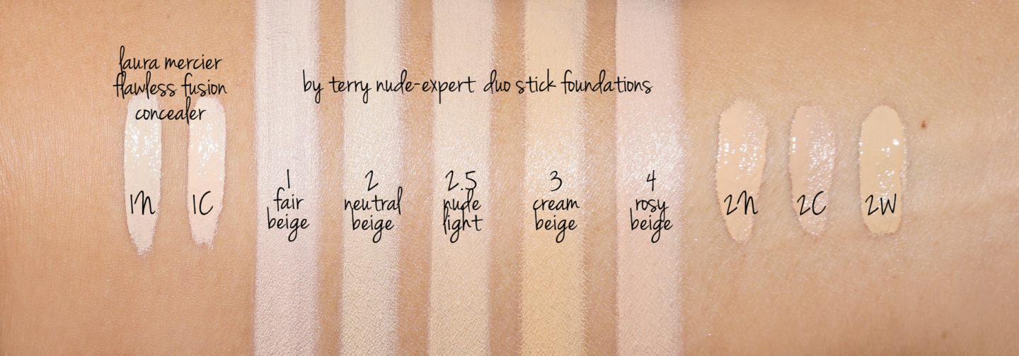 Par Terry Nude-Expert Fondation Stick Shades 1, 2, 2.5, 3 et 4 vs Laura Mercier Flawless Fusion Concealers