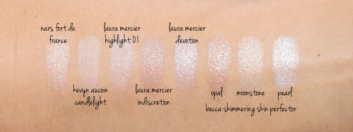 Surligneurs: Fort de France NARS, chandelles Kevyn Aucoin, Laura Mercier Matte Radiance Highlight 01, Indiscrétion, Dévotion, Becca Perfector Opale Opaque, Moonstone, échantillons de perles