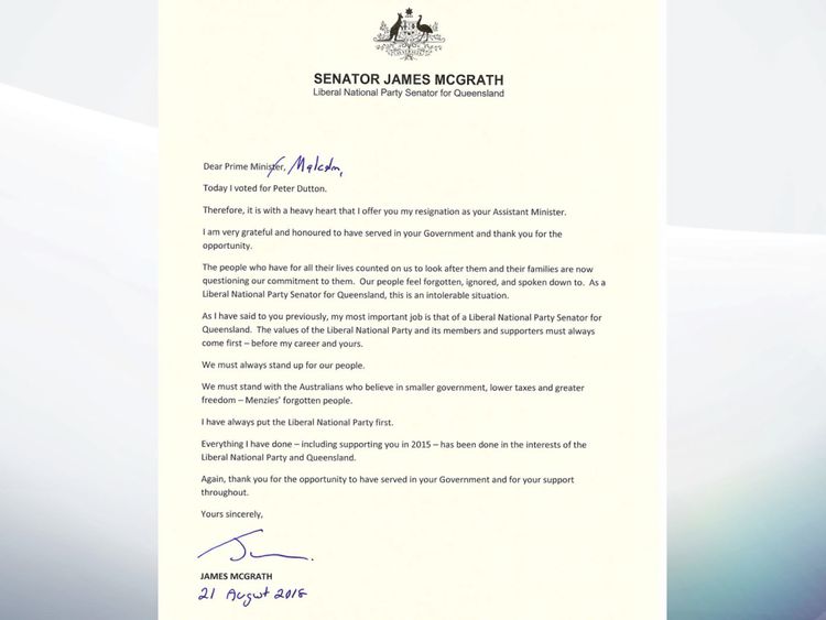 Lettre de démission envoyée par le ministre James McGrath au Premier ministre australien Malcolm Turnbull
