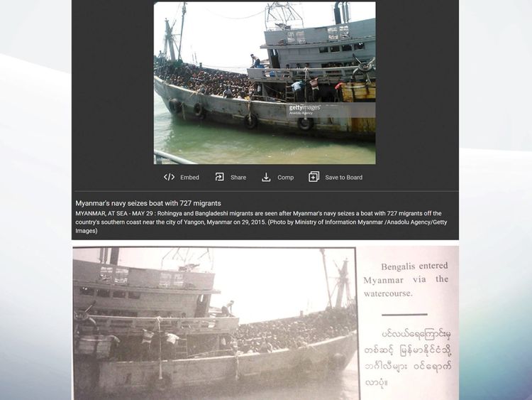(Haut) Rohingya et des migrants bangladais tentant de fuir le Myanmar, et (Bas) l'image trafiquée de l'armée du Myanmar