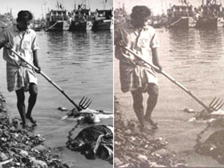 (L) Corps de Bengalis récupérés à la suite de leur massacre à Dhaka en 1971 et image réprimée de l'armée (R) du Myanmar