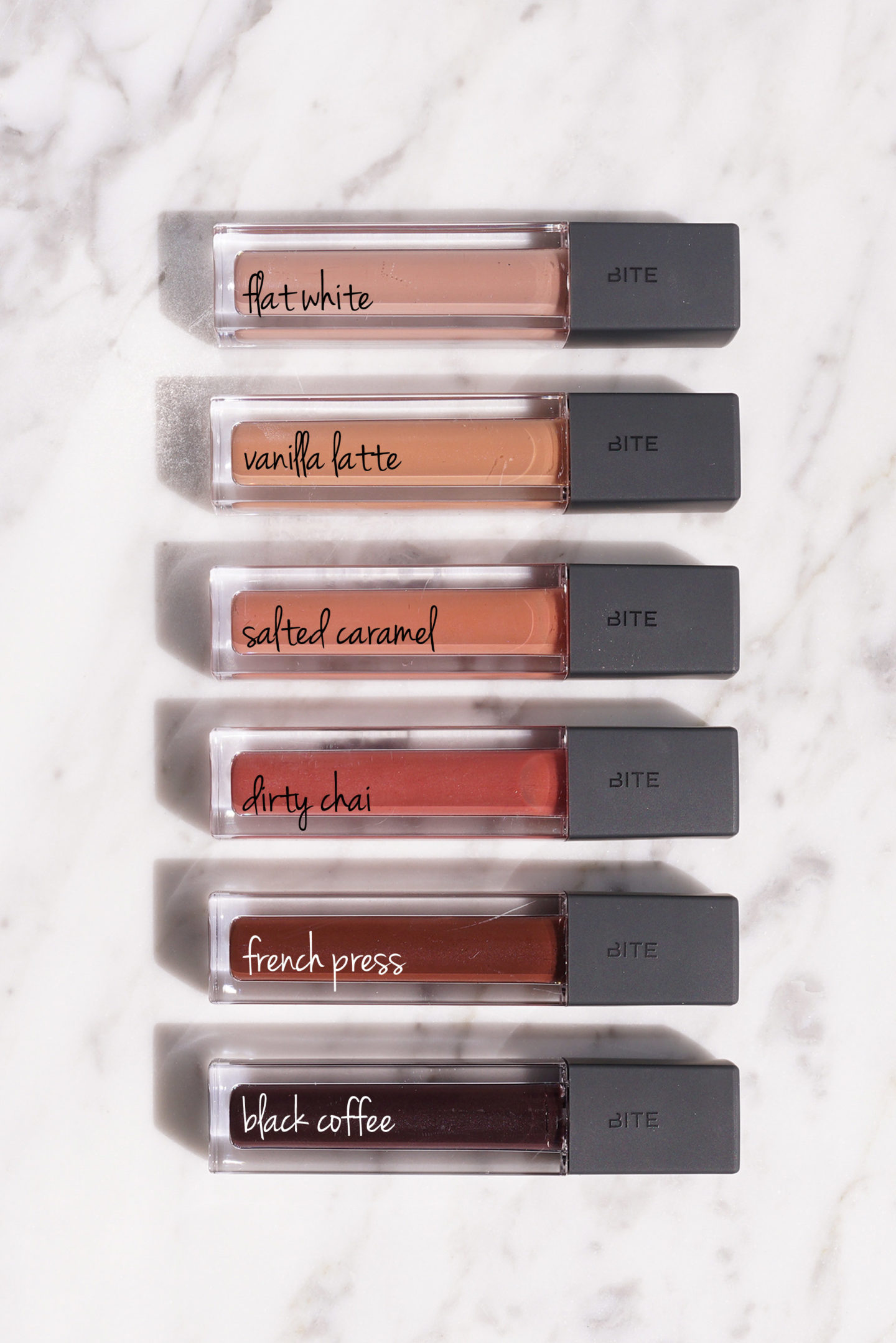 Bite Beauty Flat Blanc, Latte à la vanille, Caramel salé, Chai sale, Presse française et café noir