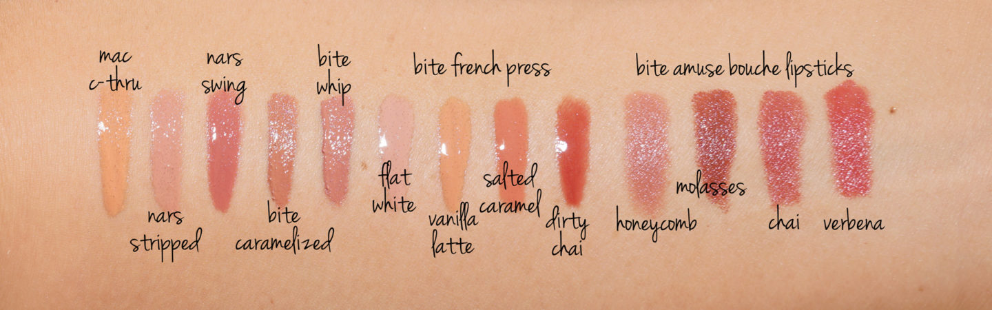 Brillant à lèvres MAC C-Thru vs Bite French vs Amuse Bouche et NARS Velvet Lip Glide