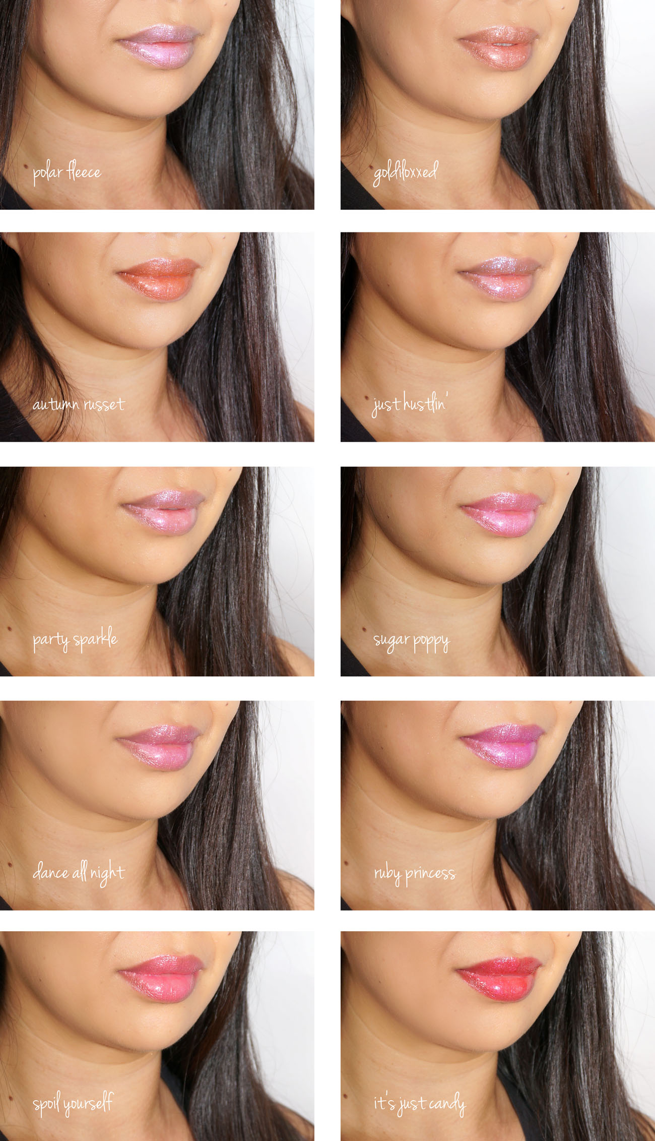 Couleur des lèvres brillante liquide MAC Grand Illusion - Échantillons de faisceau suprême. Polaire polaire, Goldiloxxed, Autumn Russet, Just Hustlin ', Sparkle Party, Sugar Poppy, Dance All Night, Princesse Ruby, Gâtez-vous, c'est juste Candy.
