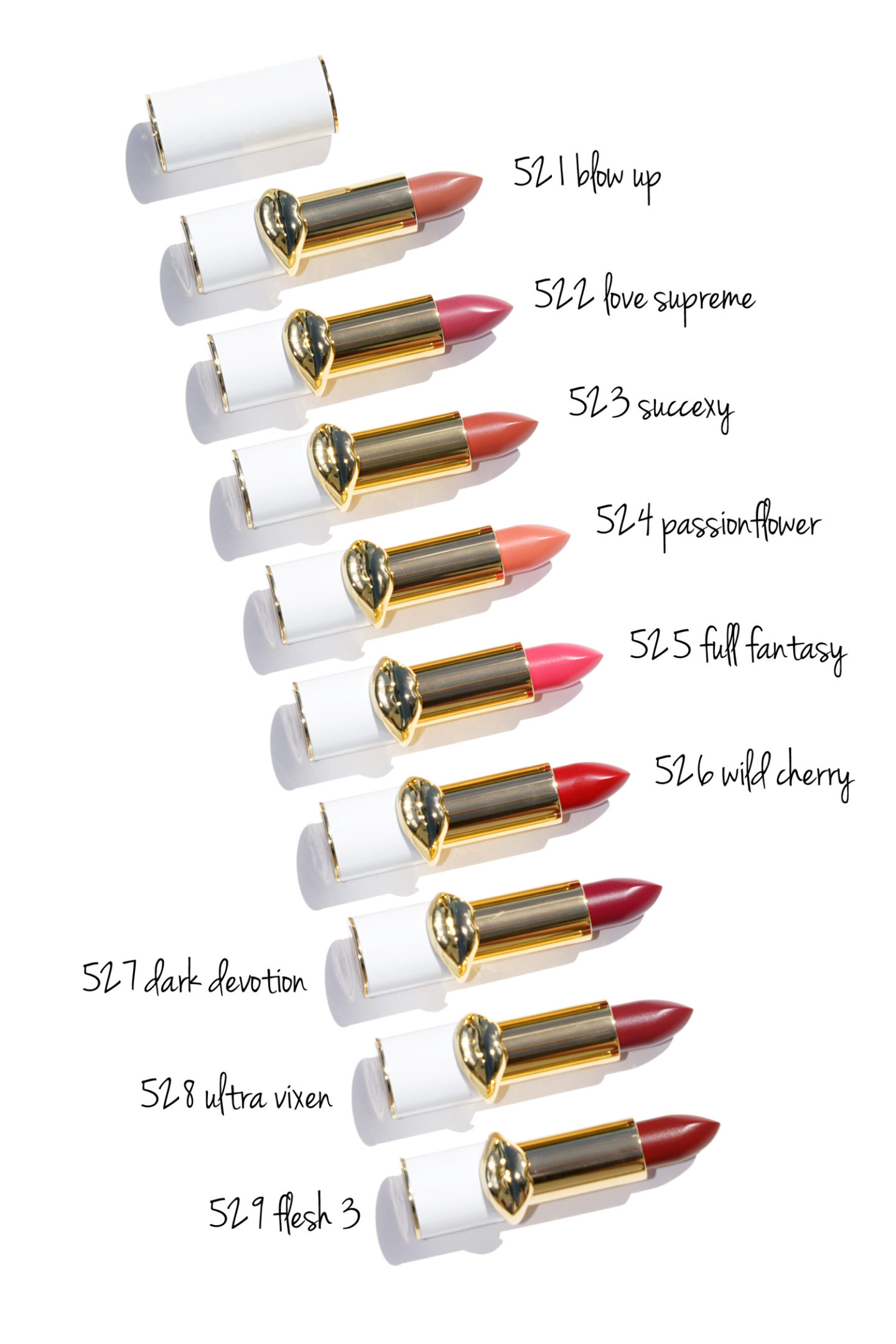 Pat McGrath Fétichisme des lèvres Sheer Color Baume Blow Up, Amour suprême, Succexy, Fleur de la passion, Fantaisie complète, Cerise sauvage, Dark Devotion, Ultra Vixen, Chair 3
