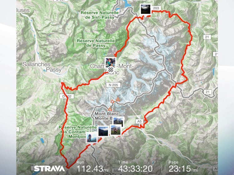 Strava de Mme Power la montre en train de traverser les Alpes pour le Mont Blanc