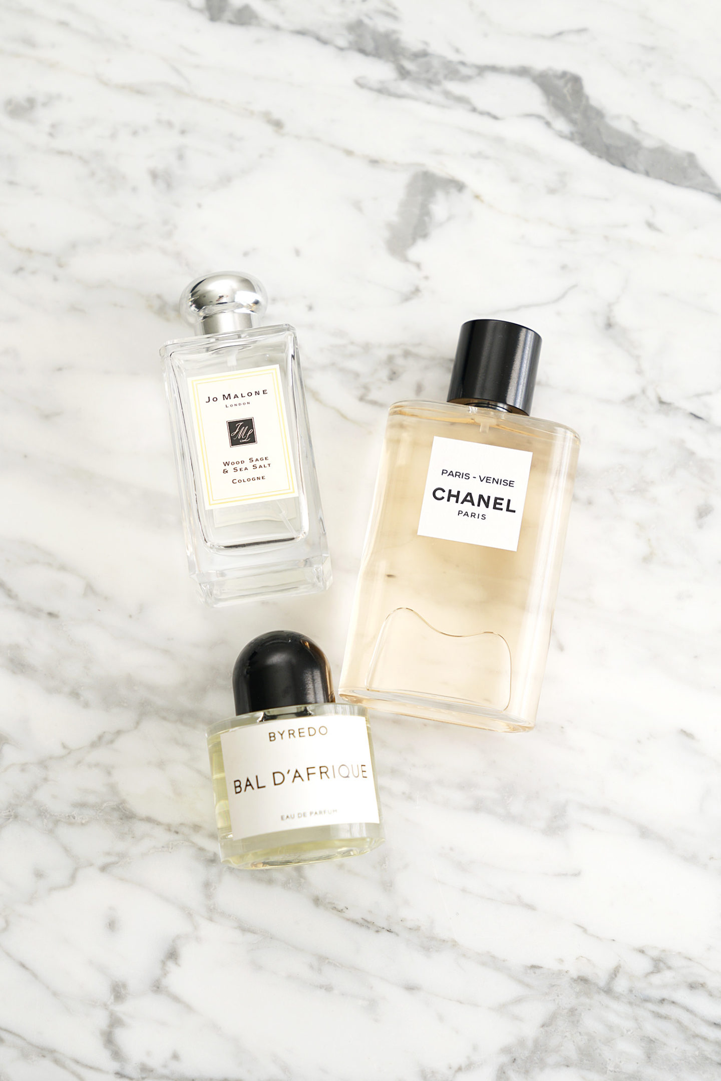 Byredo Bal D'Afrique, Jo Malone Bois De Sel De Mer Sauge, Chanel Les Eaux De Chanel Venise