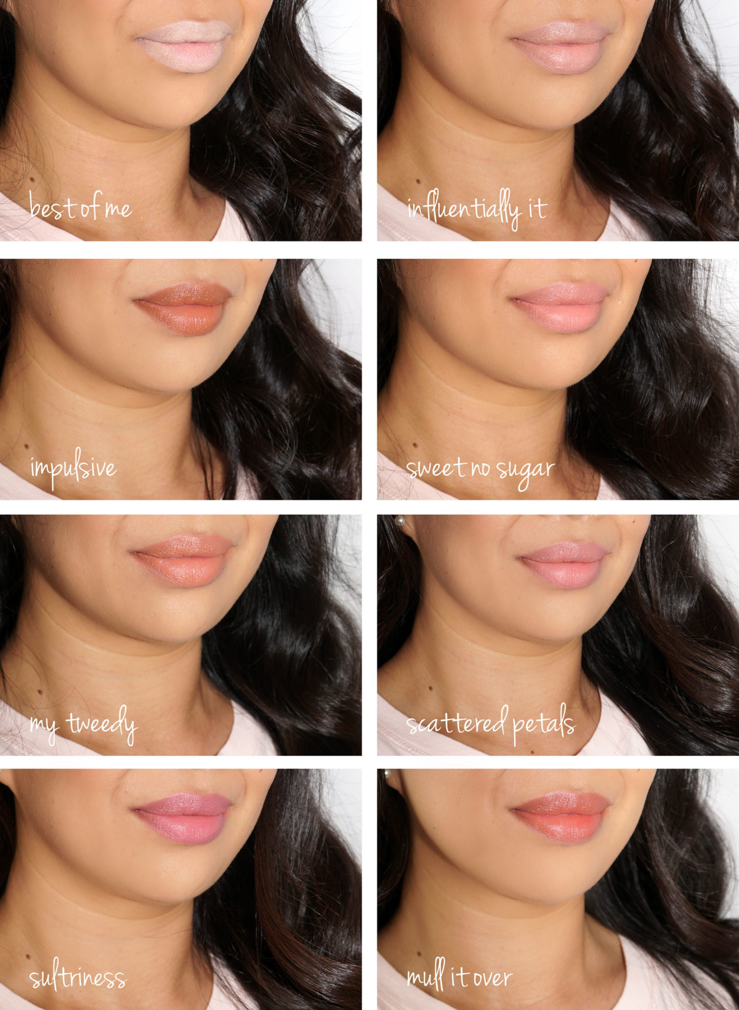 MAC Powder Kiss Le meilleur de moi, Influentiellement, Impulsif, Sucre sans sucre, Mon tweedy, Pétales épars, Sultriness et Mull it Over.