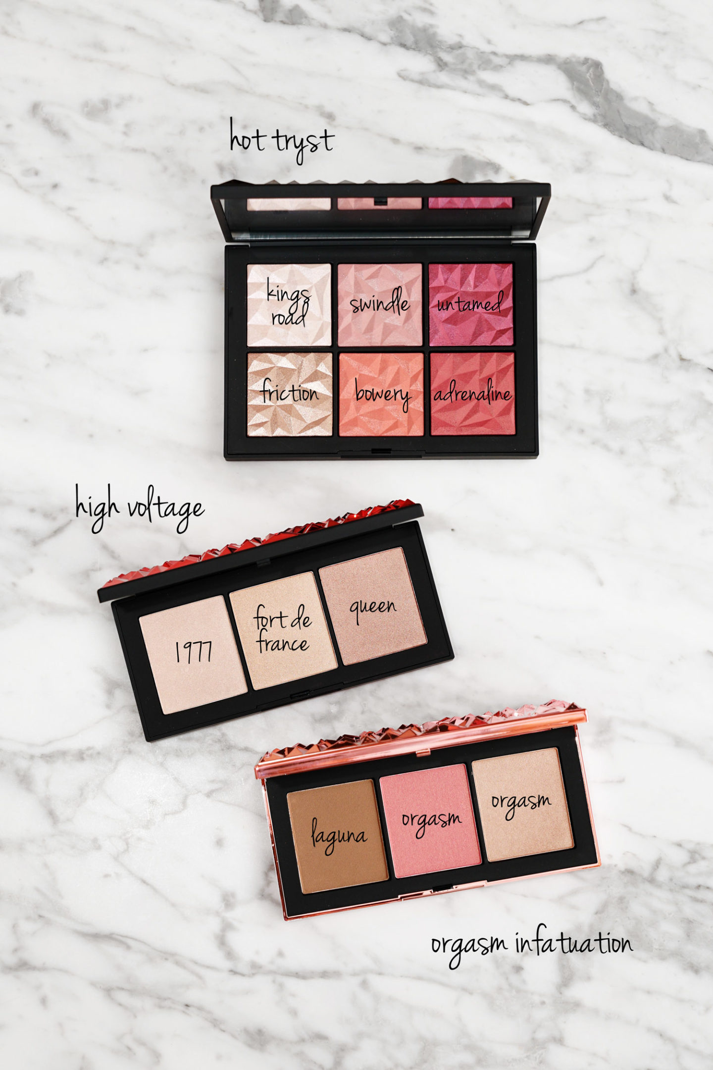 Palettes de joues NARS Holiday 2018 Tryst Hot, High Voltage et Orgasm