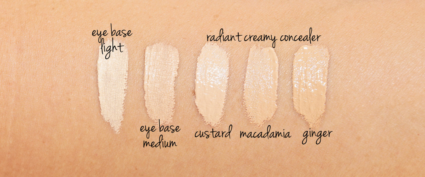 NARS base teintée pour les yeux légère et moyenne vs teint radiant, échantillons de crème pâtissière, de macadamia et de gingembre
