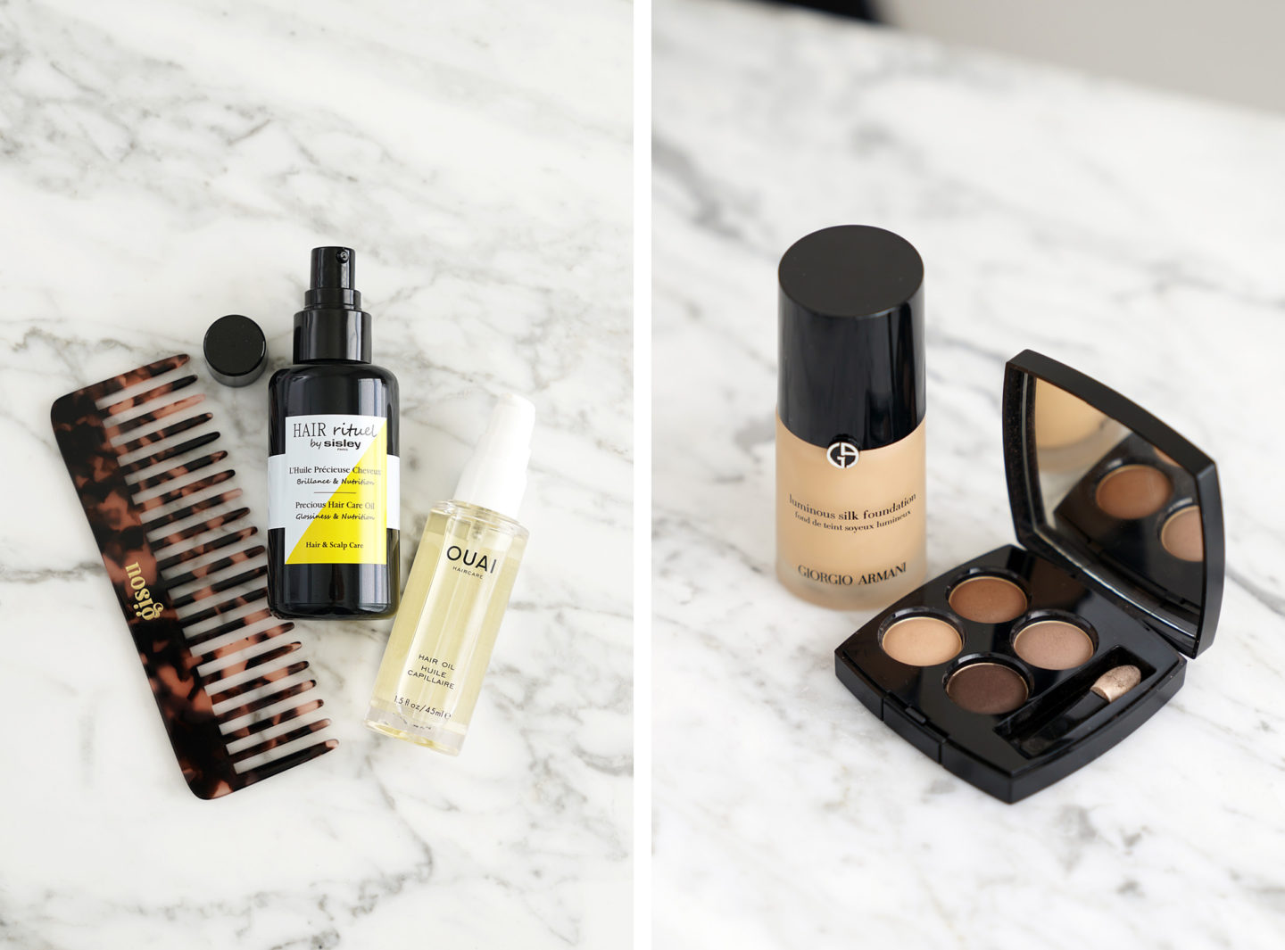 Peigne Gisou, Huile Cheveux Sisley, Huile Cheveux Ouai, Soie Lumineuse Armani, Chanel Clair Obscur