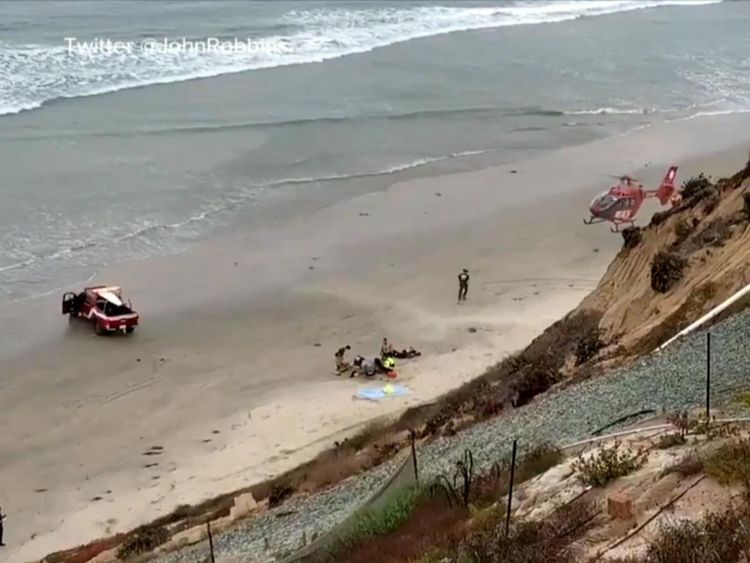 Un hélicoptère a atterri sur la plage. Pic: Twitter / @JohnRobbins