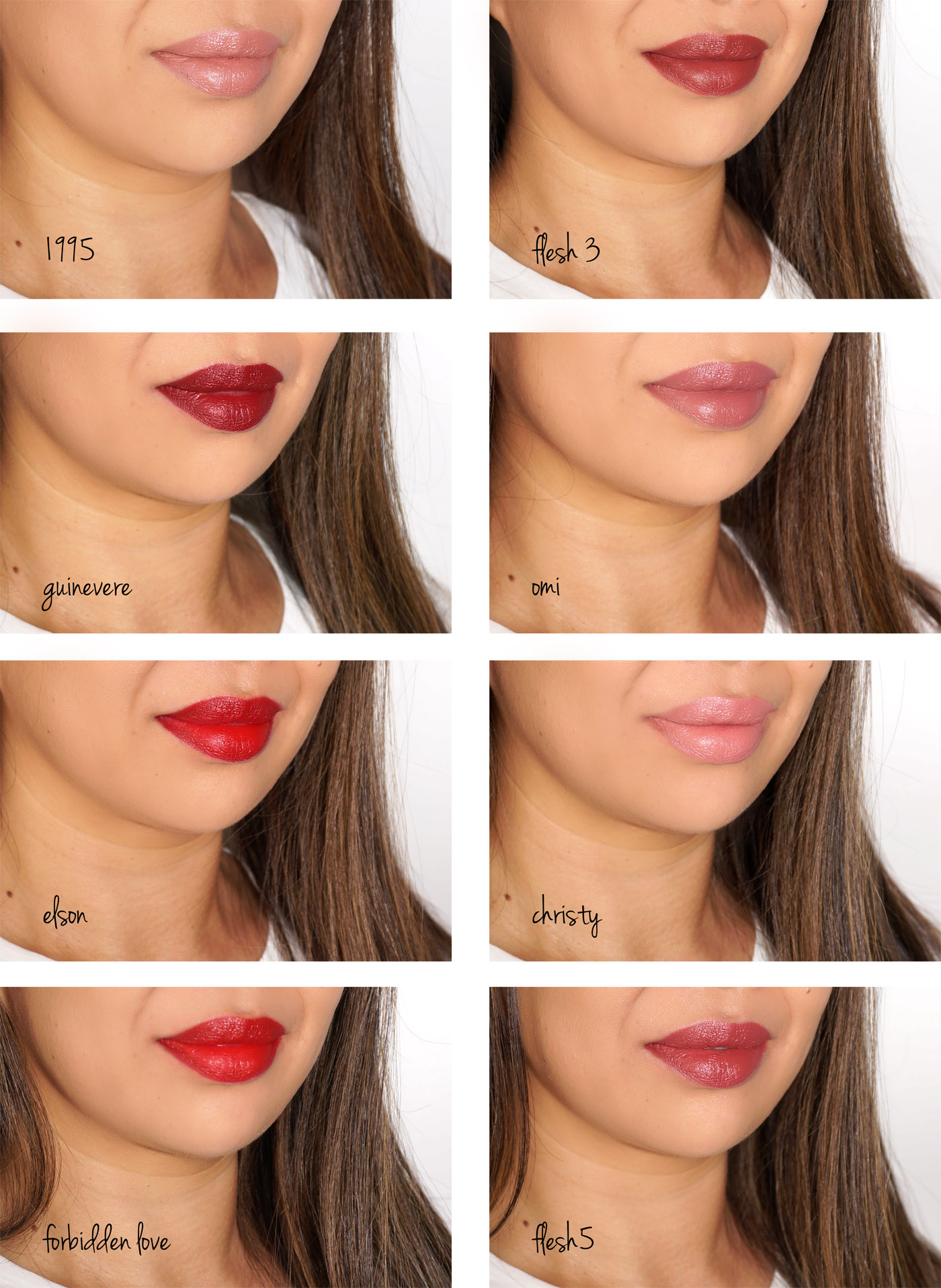 Échantillons de rouge à lèvres Pat McGrath MatteTrance, 1995, Chair 3, Guinevere, Omi, Elson, Christy, Forbidden Love, Flesh 5 et Elson 2