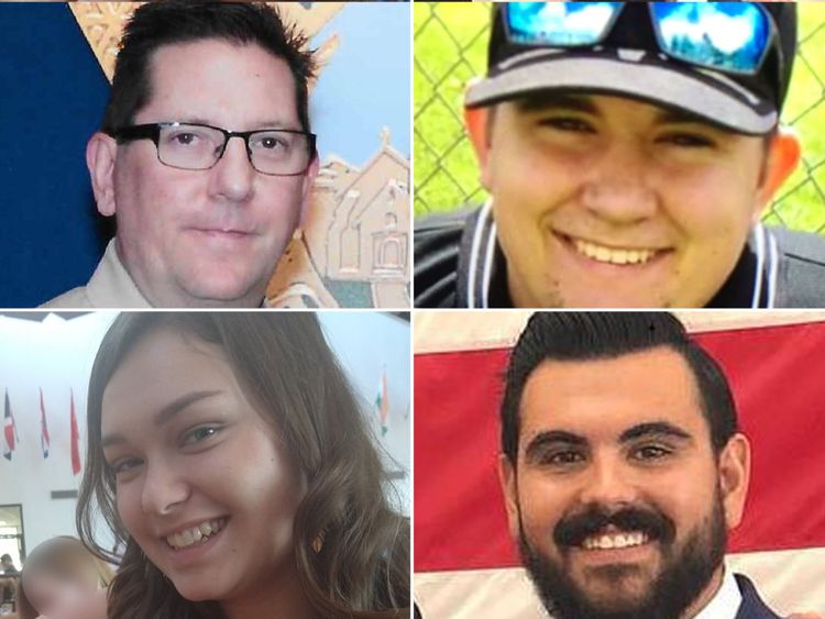 Victimes (dans le sens des aiguilles d'une montre à partir du haut à gauche): sergent Ron Helus, Cody Coffman, Justin Meek et Alaina Housley