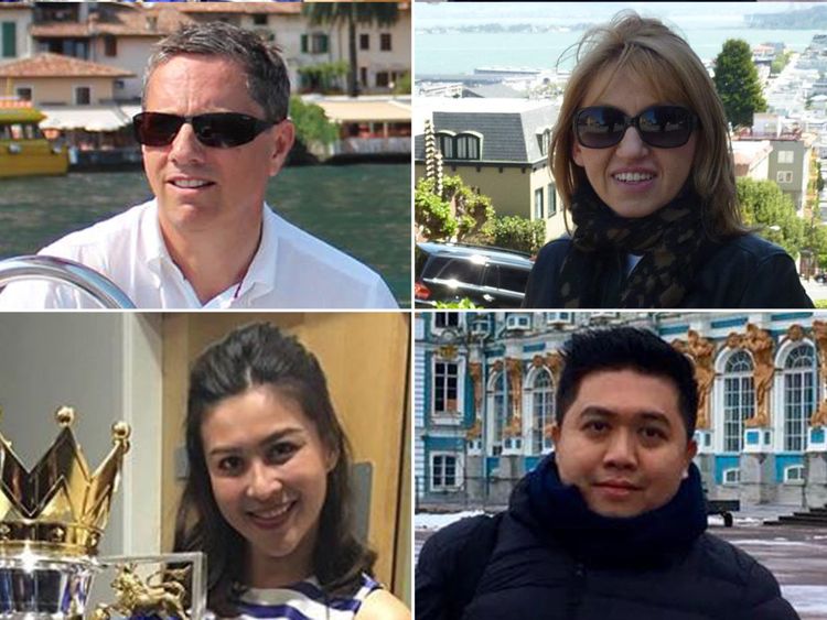 Victimes dans le sens des aiguilles d'une montre en partant du haut à gauche: Eric Swaffer, Izabela Roza Lechowicz, Kaveporn Punpare et Nursara Suknamai